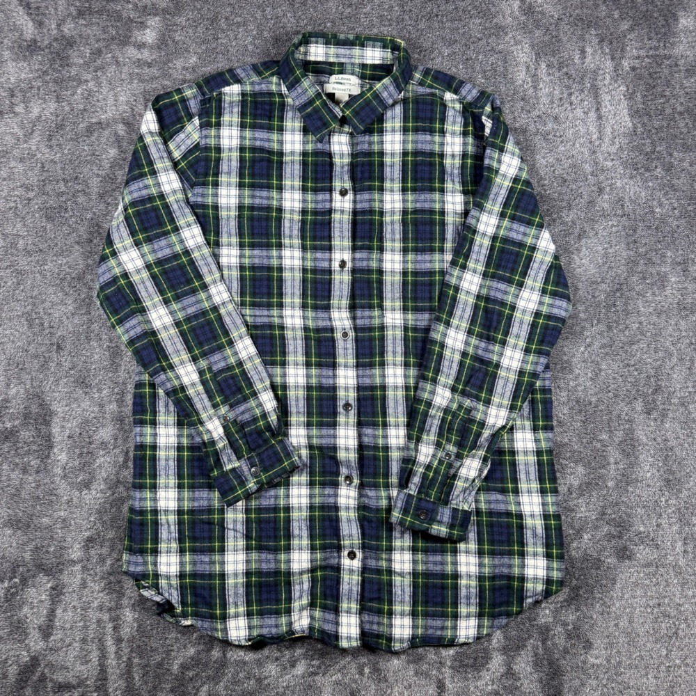 LL Bean Relaxed Fit Flannel Shirt XL Green Navy Plaid Cotton Button Down 508276